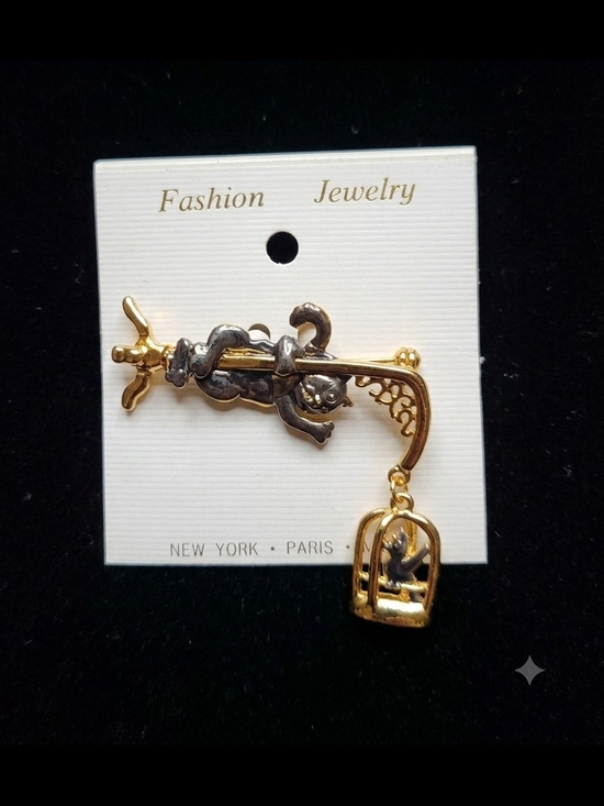 Fashion Jewelry Jewelry - Fashion Jewelry Gold and Gunmetal Cat with Birdcage Charm Brooch